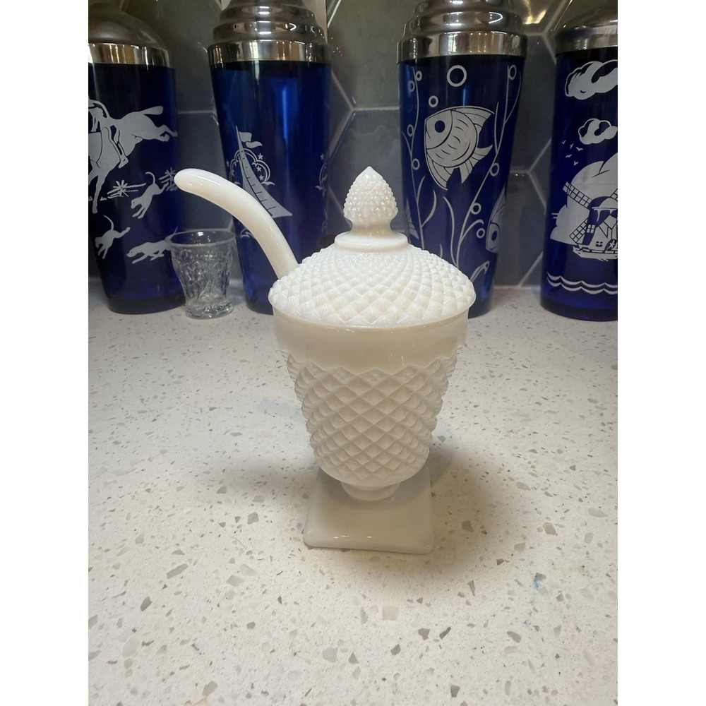 Westmoreland Milk Glass English Hobnail Jam Jar Condiment 3 Piece Dish